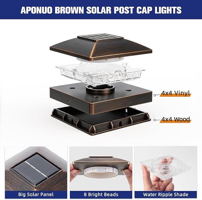 APONUO Solar Post Cap Lights for 4x4 Posts - IP64 Waterproof, Warm White, Wireless Fence Lights & Deck Lights for Patios, Gardens, and Yards, Brushed Copper, 8 Pack