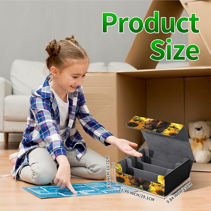 Large Card Deck Box for MTG, Fits 1200+ Sleeved Cards, PU Leather Storage Case with Strong Magnetic Closure, Multiple Colors for TCG CCG Baseball Card Collections, Sunflower Baby Cow