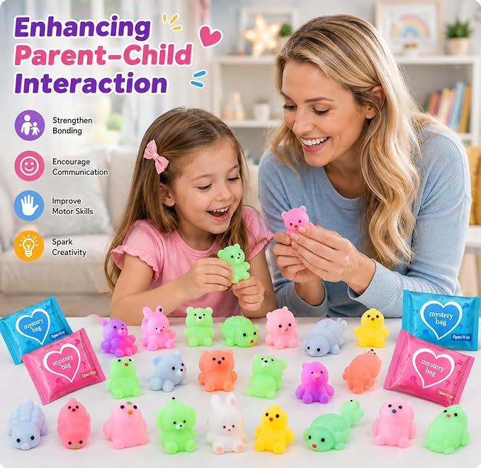 100 PCS Mystery Bag Animal Mochi Squishy Toys, Mini Blind Bags Bulk Cute Kawaii Sensory Fidget Surprise Toys for Kids, Classroom Prizes, Party Favors, Treasure Box Rewards, Goodie Bag Stuffers