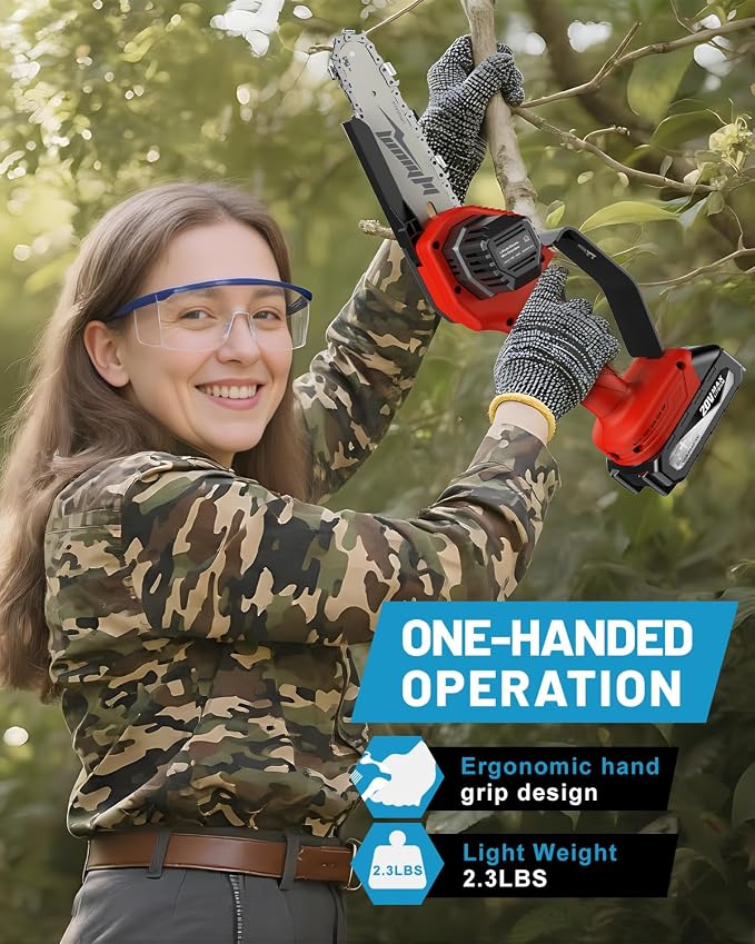 Fostex Mini Chainsaw Cordless, 6 Inch Handheld Electric Chain Saw, 2×2 Ah Batteries & 2 Chains, Lightweight Small Tree Trimmer for Wood Cutting, Yard & Garden, Ideal Gift for Dad, Men & Women (Red)