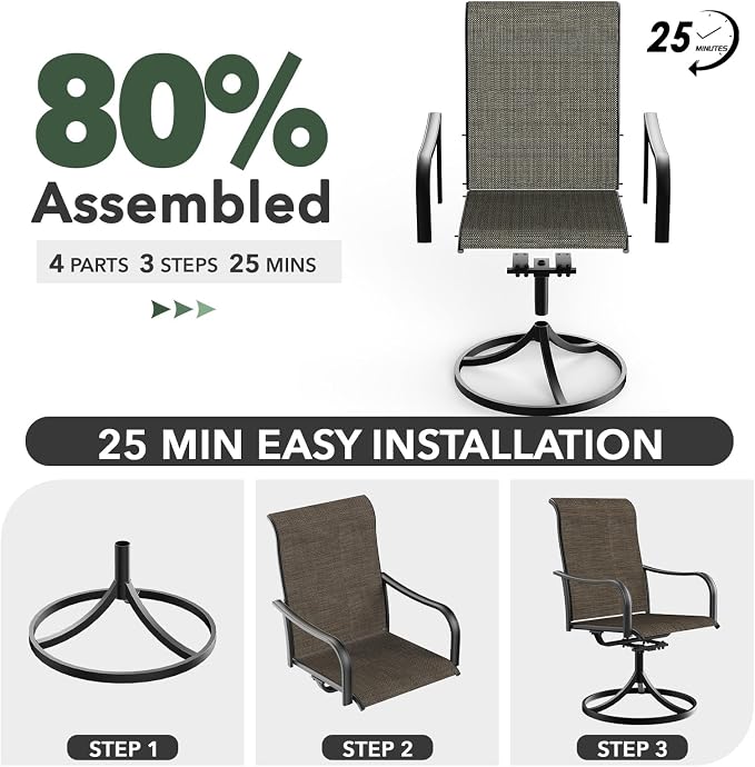 Anmutig 5-Piece Outdoor Dining Set, 35" Square Table with 4 Swivel Chairs, All Weather Frame Furniture Set, Tan Brown