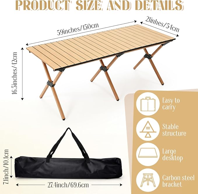 Wesiti 2 Pcs Low Picnic Table Foldable Lightweight Picnic Table Set 59" x 21" with Extra Large Outdoor Camping Blanket Sandproof Boho Beach Woven Cotton Yarn Blanket for Camping Beach Patio