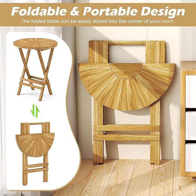 Tangkula Patio Folding Side Table, 23.5" Teak Wood Round End Table with Slatted Tabletop & X-Shaped Frame, Portable & Compact Bistro Table for Backyard, Poolside, Garden, Fully Assembled, Natural