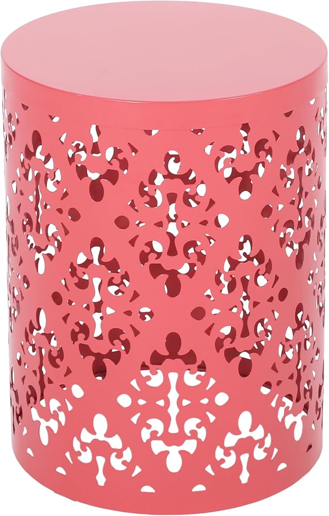 Benzara Kemo Outdoor End Table, Round 14 Inch, Cutout Design, Dark Peach Iron