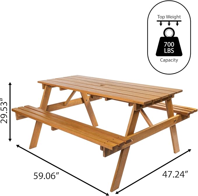 JONATHAN Y Shoreham 59" Eucalyptus Wood Outdoor Picnic Table with Benches for Patio, Rectangular Dining Set with 2" Umbrella Hole, Heavy Duty 700 lbs Capacity, Teak Brown BNH200A