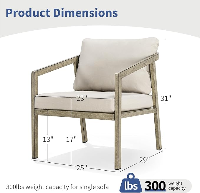 Patio Conversation Sets Outdoor Armchair, 2 Piece Aluminum Patio Sofa Chairs with Washable Thick Cushions, Modern All-Weather Patio Furniture Sets for Garden, Backyard, Porch (Grey+Beige)