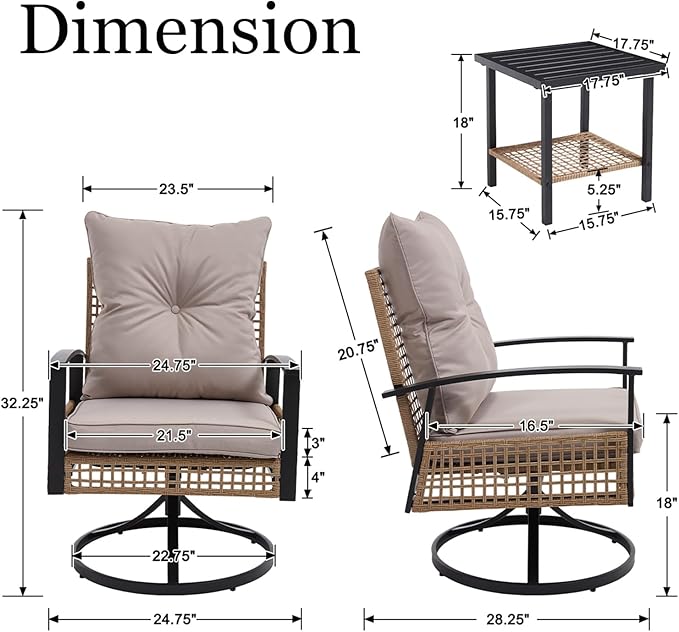 3 Pieces Patio Bistro Set, Outdoor Wicker Swivel Rocking Chairs with High Back, Rocking Patio Conversation Set with Table, Patio Swivel Glider Chair, Patio Furniture Sets, Off-White