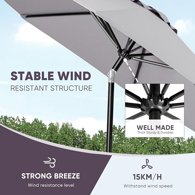Tempera Patio Market Outdoor Table Umbrella with Push Button Tilt and Crank, Large Sun Umbrella with Sturdy Pole & Fade Resistant Canopy, Easy to Set
