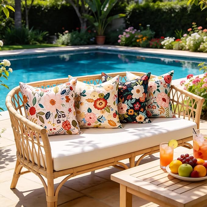 Decorative Waterproof Pillow Covers Outdoor Pillow Covers Summer Accent Beige Floral Couch Covers Square Garden Farmhouse Throw Cushion Cases 20x20 Inch Set of 2 for Patio Tent Balcony Bench Sofa
