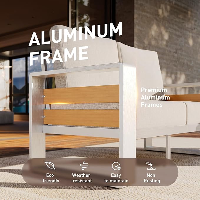 Aoxun Aluminum Patio Furniture Set, 7 Seats Luxury Metal Patio Conversation Sets with Coffee Table, Thick Cushions and Waterproof Cover, Sectional Outdoor Furniture Set for Backyard/Poolside, Beige