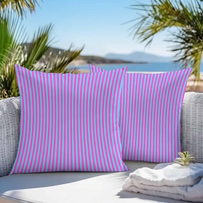 Throw Pillow Covers 26x26 Inch Set of 2, Purple Striped Waterproof Outdoor Cushion Covers, Geometric Pink Vertical Solid Rainbow Decorative Pillowcases for Couch, Sofa, Bed, Garden, Patio