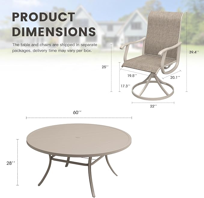 Outdoor Dining Set for 8, 60" Metal Round Outdoor Dining Table with Umbrella Hole and Sling Patio Swivel Chairs, 9 Pieces Patio Table and Chairs Set for Garden Backyard, Sandshell