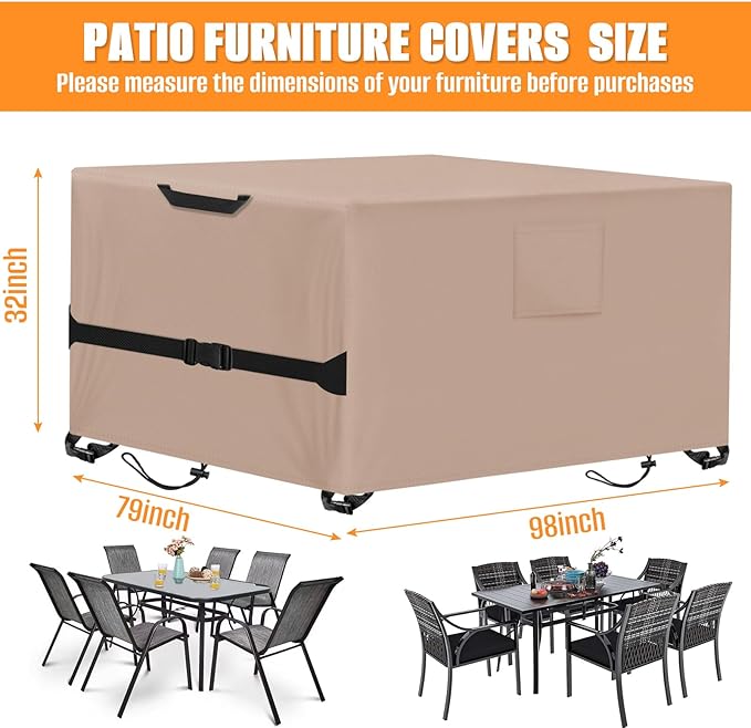Kovshuiwe Rectangular Patio Heavy Duty Table Cover -Garden Furniture Covers for Shade and Rain, 600D Oxford Cloth Waterproof Outdoor Dining Table and Chairs Furniture Covers 98" L x 79" W x32 H,Khaki