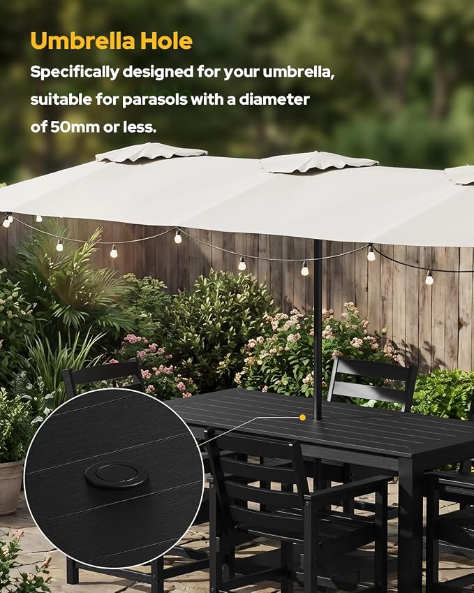 Outdoor HDPE Dining Table Set 7-Piece, All-Weather Outdoor Table and Chairs with Umbrella Hole Cut-Out, Patio Furniture for Garden, Backyard, Deck (Black)