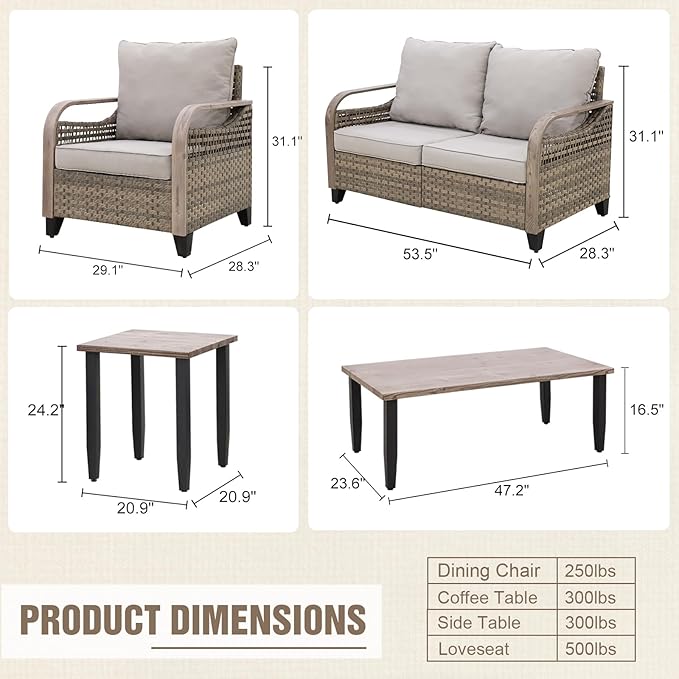 Modern Wicker Patio Furniture Set, Rattan Outdoor Conversation Set with Comfortable Cushions, 2 Patio Chairs, 2 Seat Loveseat, Coffee Table and Side Table, 5 Pieces, Brown/Gray