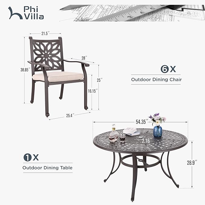 PHI VILLA 7 Pieces Outdoor Cast Aluminium Dining Set for 6, 54" Round Patio Table with Umbrella Hole & Heavy-Duty Chairs with Cushions, Large Outside Furniture Set for Deck, Porch, Backyard - Brown