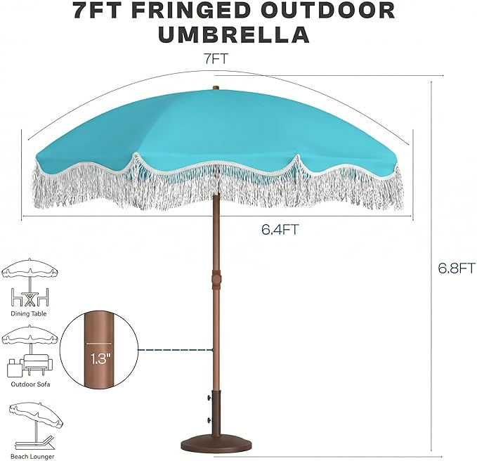 7FT Patio Umbrella with Fringe, Outdoor Tassel Umbrella with Fiberglass Ribs, Boho Beach Umbrella, Push Button Tilt and Carrying Bag, UPF50+