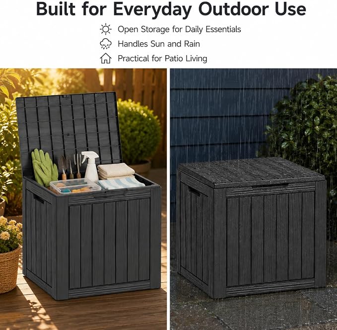 Outdoor Deck Patio Storage Box - 35 Gallon Small Outdoor Deck Box, Plastic Storage Bin with Lid, Outside Toy Box & Pool Storage Container for Cushions, Garden Tools, Towel, Lockable Chest, Black