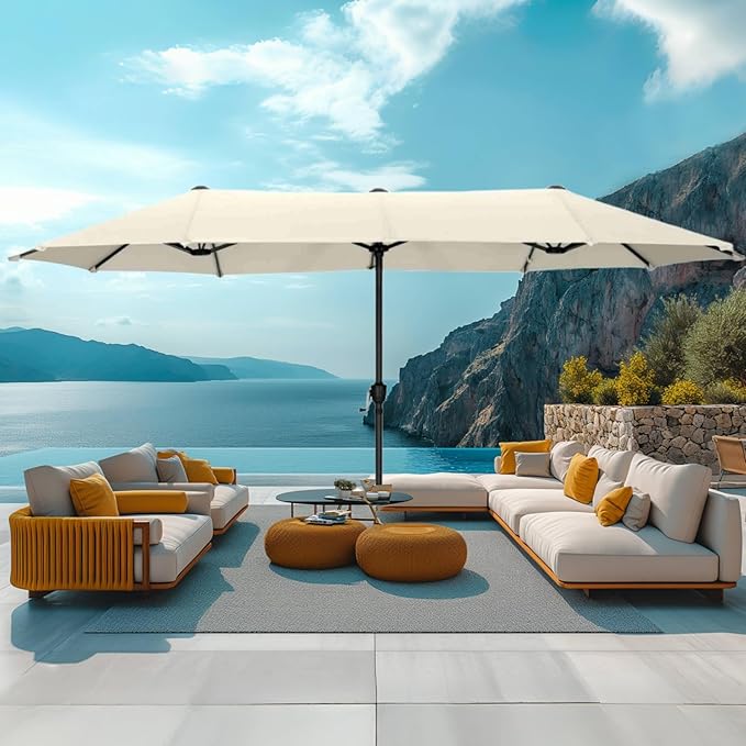 MFSTUDIO 13ft Outdoor Patio Umbrella, Double Sided Large Rectangular Umbrella Market Table Twin Triple Rectangle Umbrellas with Crank Handle for Outside Picnic Backyard Deck Pool (no base)
