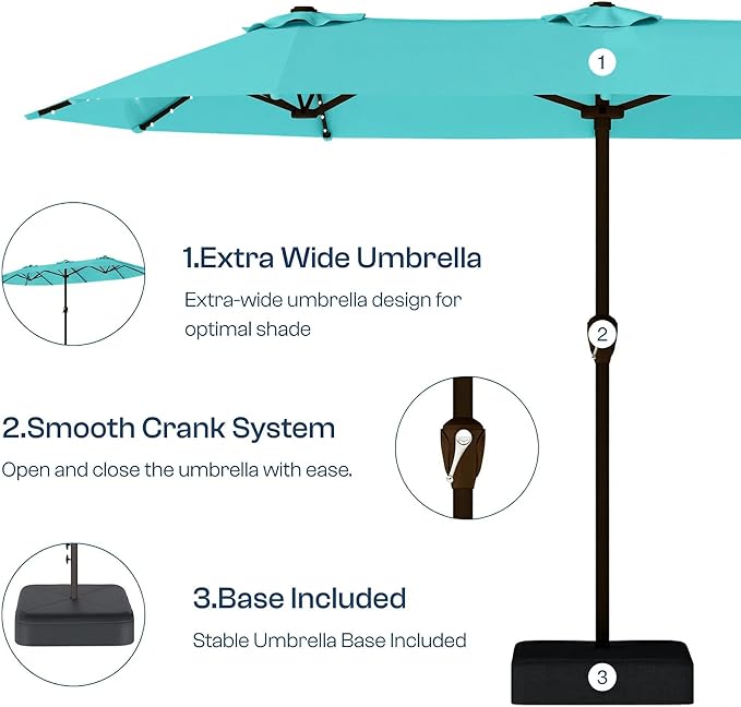 15FT Patio Umbrella with Solar Lights, Double-Sided Extra Large Outdoor Table Umbrella with Base Included, Heavy-Duty 12 Iron Ribs Market Umbrella for Garden, Pool, Backyard, Aqua Blue