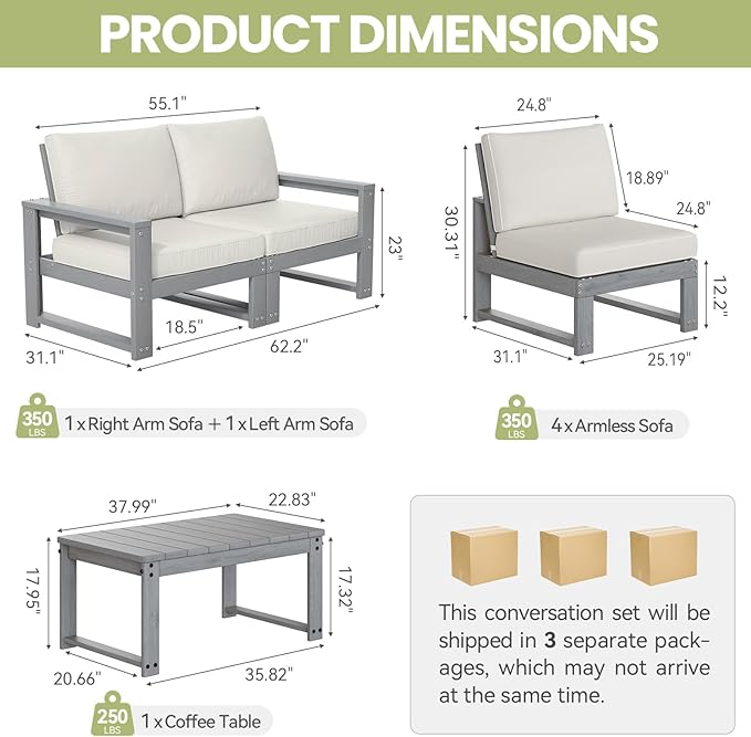 Patio Furniture Set, HDPE Sectional Outdoor Conversation Sets, 7-Piece Outdoor Couch Set with Deep Cushions, All-Weather Patio Sofa Set for Garden, Backyard, Porch, Grey