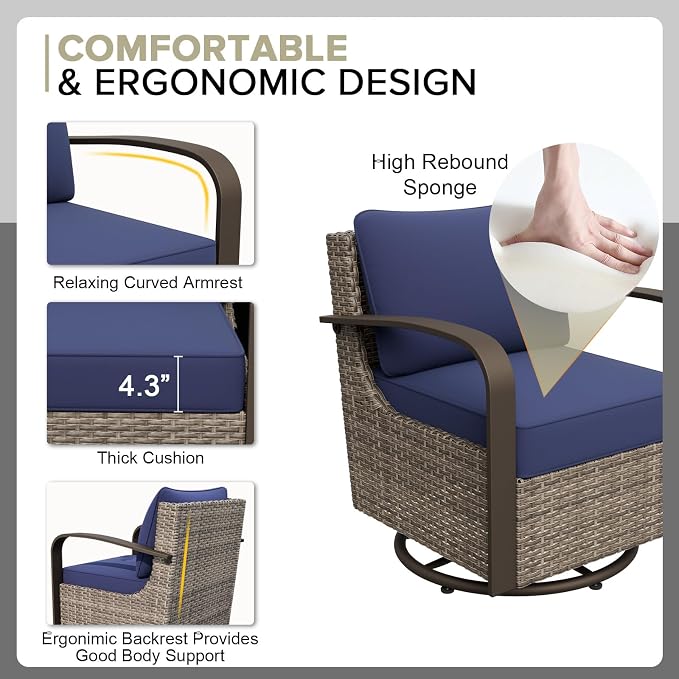 COOS BAY Aurora Terrace 6 Piece Outdoor Sectional Furniture Set, Half Moon Rattan Wicker Conversation Set with Swivel Chairs, 5 Seat Sofa & Coffee Table for Patio Garden Yard, Beige/Blue