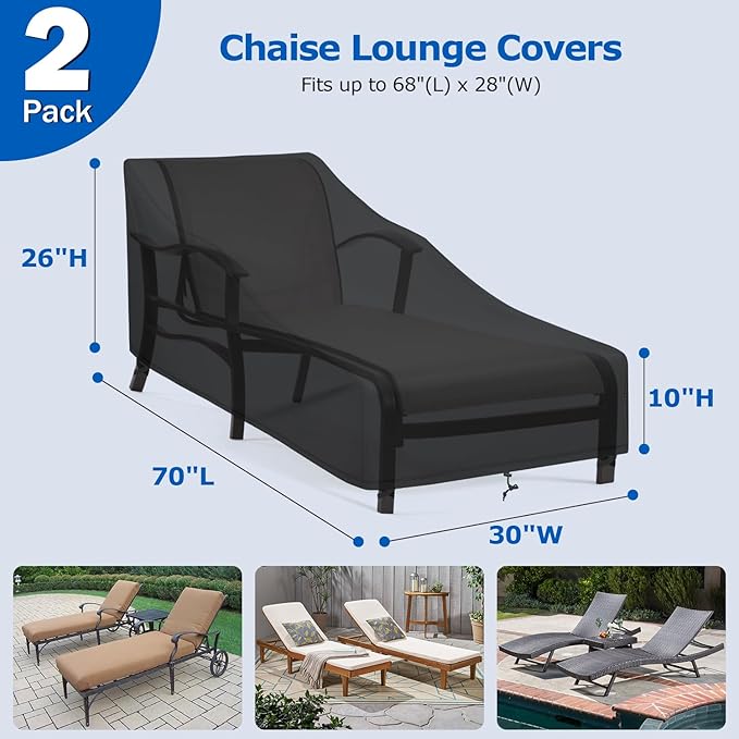 SunPatio Chaise Lounge Covers Outdoor Waterproof, 2 Pack Patio Lounge Chair Covers with Windproof Straps, Outdoor Patio Furniture Protector All Weather Protection, 70" L x 30" W x 26" H, Black