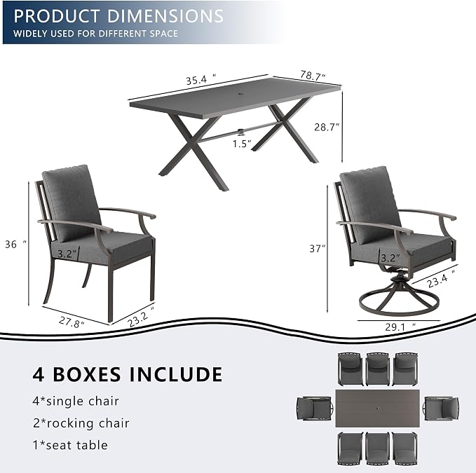 7 Piece Outdoor Dining Set for 6, Metal Patio Table and Chairs with Cushions, Patio Furniture Set with 2 Swivel Chairs, Rectangular Patio Dining Table with Umbrella Hole, Lawn Deck, Yard-Grey