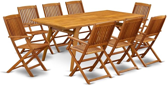 East West Furniture DECM9CANA 9 Piece Patio Bistro Dining Furniture Set Includes a Rectangle Outdoor Acacia Wood Table and 8 Folding Arm Chairs, 40x72 Inch, Natural Oil