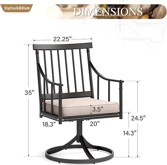Sophia & William Swivel Rocker Chairs, Set of 4, 360° Swivel, Wrought Iron | Steel, Padded Cushions, E-Coated, All-Weather