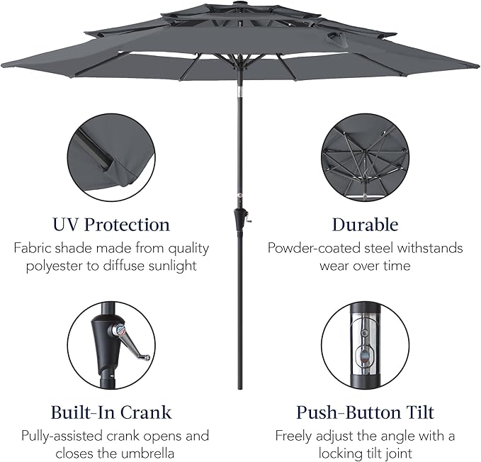 Best Choice Products 10ft 3-Tier Market Patio Umbrella, Outdoor Sun Shade with Tilt, Crank Lift, 8 Ribs for Backyard, Deck, Poolside