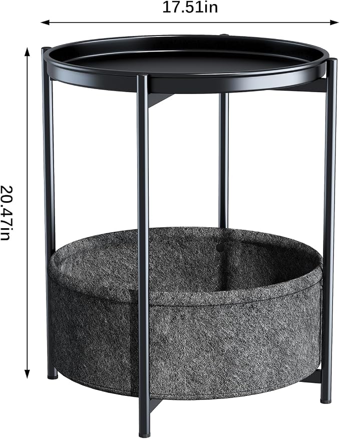Garden 4 you Side Table with Fabric Storage Basket, Round Metal End Table, Small Bedside Table Nightstand with Removable Tray, for Nursery, Living Room, Bedroom, Bathroom, Black
