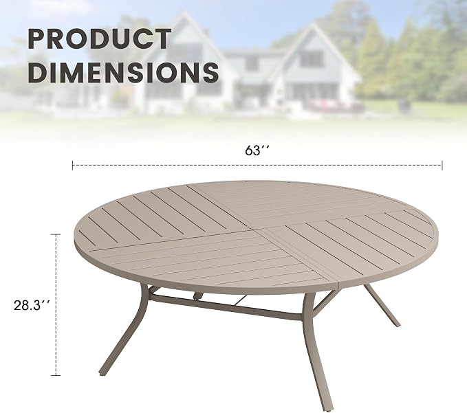63" Outdoor Dining Table with Adjustable Umbrella Hole, Metal Slatted Round Patio Dining Table for Backyard Garden Deck, Sandshell