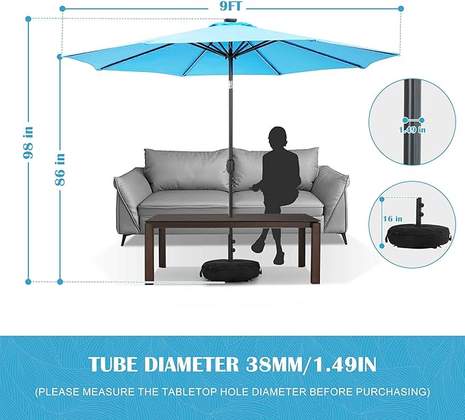 Sundale Outdoor Solar 80 LED 9 ft Patio Umbrella with Sand Bag Umbrella Base, Outdoor Umbrella with Tilt and Crank, Sky Blue