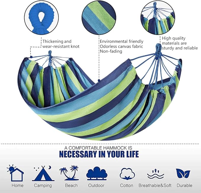 Cotton Canvas Hammock, Comfortable Fabric Camping Hammock with Tree Straps, Up to 440lbs with Travel Bag for Camping Outdoor/Indoor Patio Backyard(Blue&Green, Without bar)
