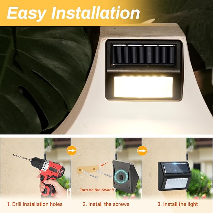 Bright Solar Fence Lights, 12 Pack Outdoor Step Lights, IP65 Waterproof, 3000K Warm-White, Dusk to Dawn Outdoor Lighting with 6 LED for Wall, Garage, Patio, Exterior, Porch
