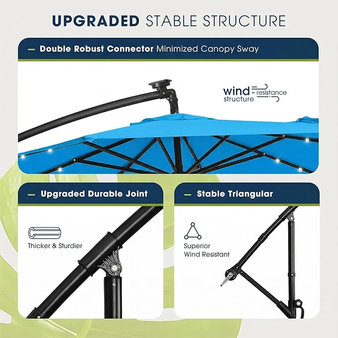 wikiwiki 10ft Solar LED Offset Patio Umbrella, Outdoor Cantilever Patio Umbrellas with Solor Lights for Backyard, Poolside and Garden, Easy Tilt Adjustment, 32 LED Lights & Polyester Shade, Royal Blue