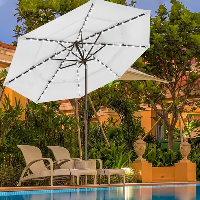 EliteShade USA 10-Year-Non-Fading 9ft 3-Tier Market Patio Umbrella, Commercial Table Umbrella with 80 Solar LED Lights, Crank Open, Windproof & UPF 50+ UV Protection for Garden, Deck, Pool, Backyard, White