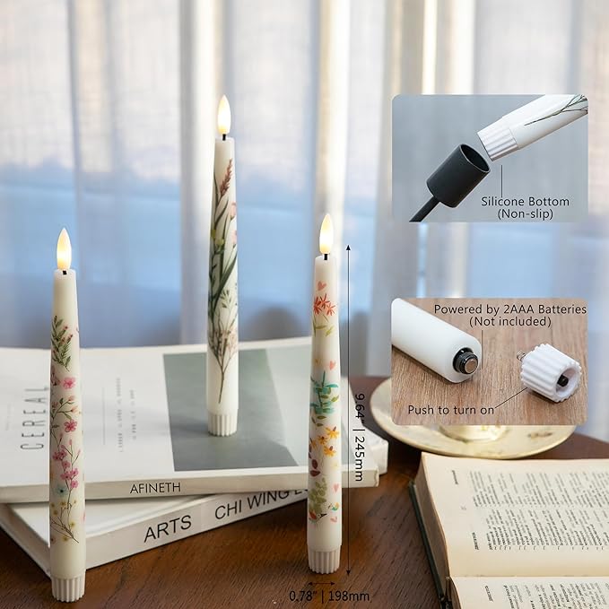 Spring Flameless Taper Candles with Flowers, 9.6" Real Wax LED Candles with Remote, 3 Pack Flickering Candlesticks Battery Operated, Fake Candle for Home, Wedding, Party