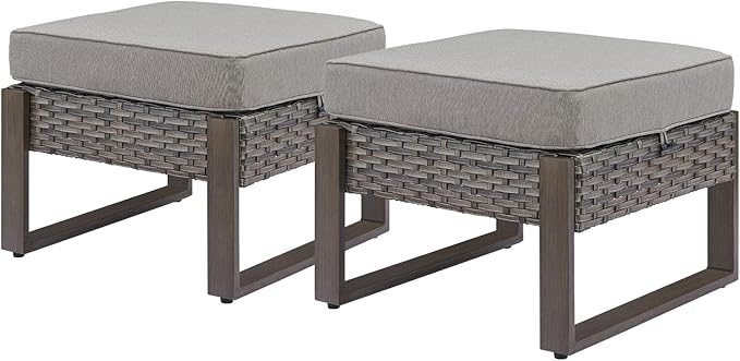 Rilyson Outdoor Ottoman Wicker Patio Footrest - 2 Piece Wicker Footrest Footstools Set with Sturdy Frame,All-Weather PE Wicker, Thick Cushions for Deck Porch Garden(Mixed Grey/Grey)