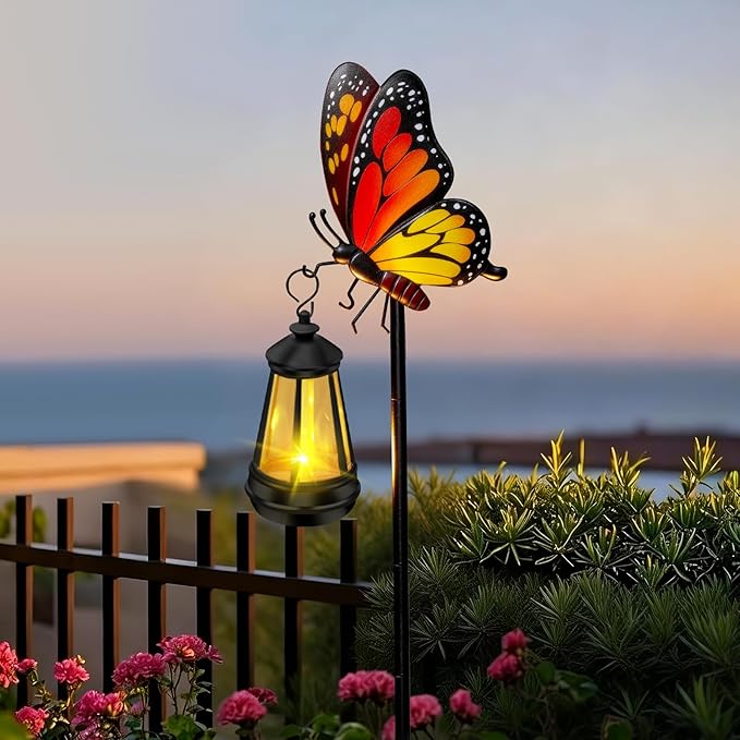 ZFNN Solar Garden Decor Lights Outdoor Waterproof, Metal Butterfly Stakes with Solar Lanterns, Decorative Yard Art for Outside Patio Lawn Ornaments, Gifts for Women Mom（2Pack）