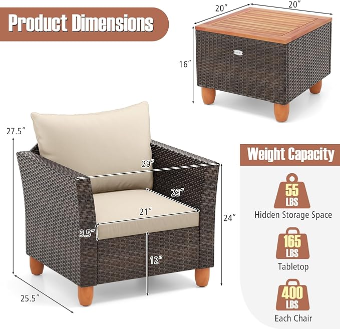 Tangkula 3 Piece Patio Furniture Set, Patiojoy Outdoor PE Wicker Bistro Set with Soft Cushions and Solid Acacia Wood, Outdoor Conversation Set with Porch, Balcony and Garden