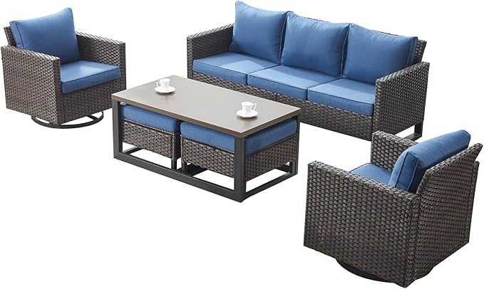 Rilyson Wicker Outdoor Patio Furniture Set - 6 Piece Patio Conversation Set with 2 Swivel Rocker Chairs,2 Rattan Ottoman,1 Couch and 1 Metal Coffee Table for Outside Porch Deck Backyard(Brown/Blue)