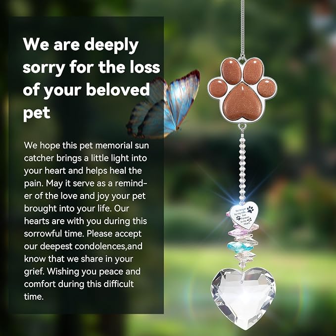 Pet Memorial Suncatcher - Dog Memorial Gifts, Pet Loss Sympathy, Thoughtful Dogs and Cats Condolence Bereavement Remembrance Gifts, Chrysoberyl Cat's Eye Stone Paw Crystal Suncatcher