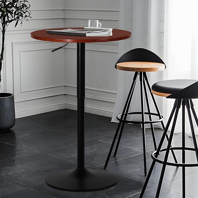 MoNiBloom Round Bar Table Adjustable Height, BistroTable with Black Leg and Base Pub Table 360° Swivel for Living Room Dining Room Bistro Cafe, 23.5" Diameter Red Wood Texture Top Cocktail Tables