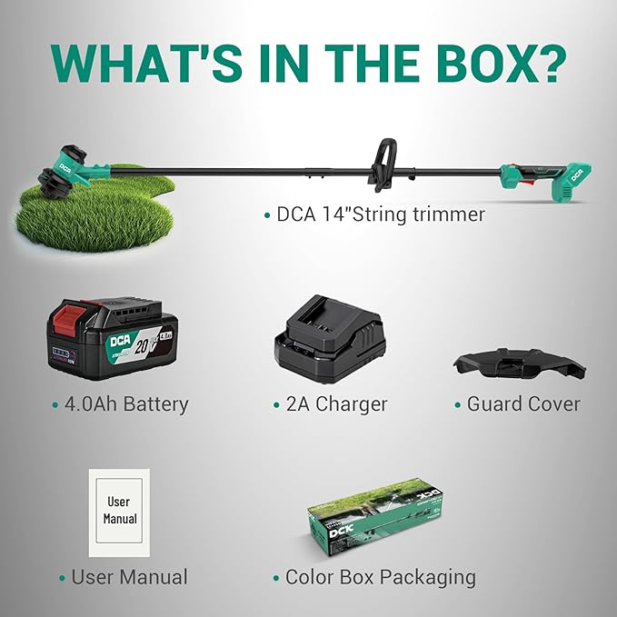 DCA 20V 14" String Trimmer Cordless, 3-in-1 Brushless Weed Eater with Auto Feed, 2-Speed Electric Grass Trimmer with Dual Safety Switch, includes 4.0Ah Battery & Charge, Shoulder Strap for Garden Tool