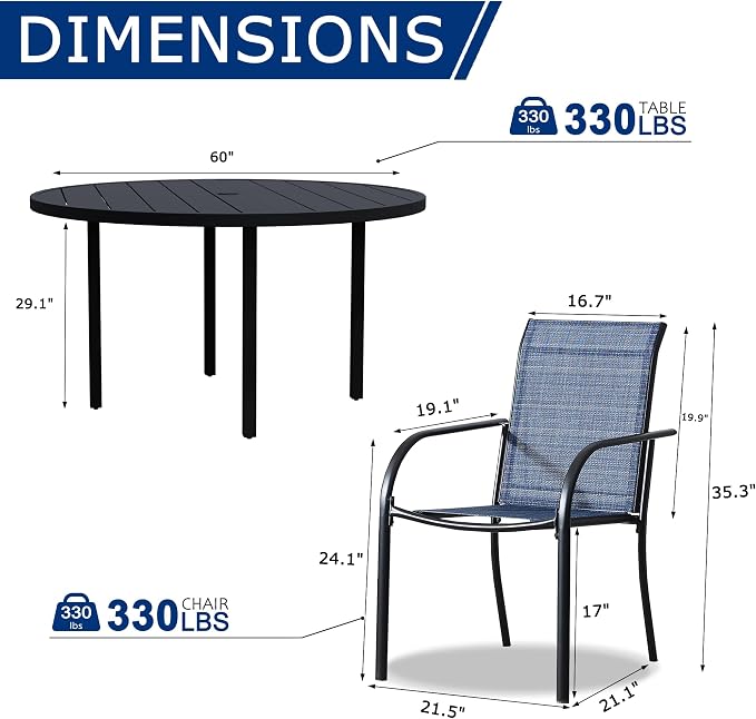 9 Pieces Patio Dining Set for 8, Blue Patio Stackable Chairs and Black Round Table Set of 8, Outdoor Furniture Set with Sling Support for Outside, Garden