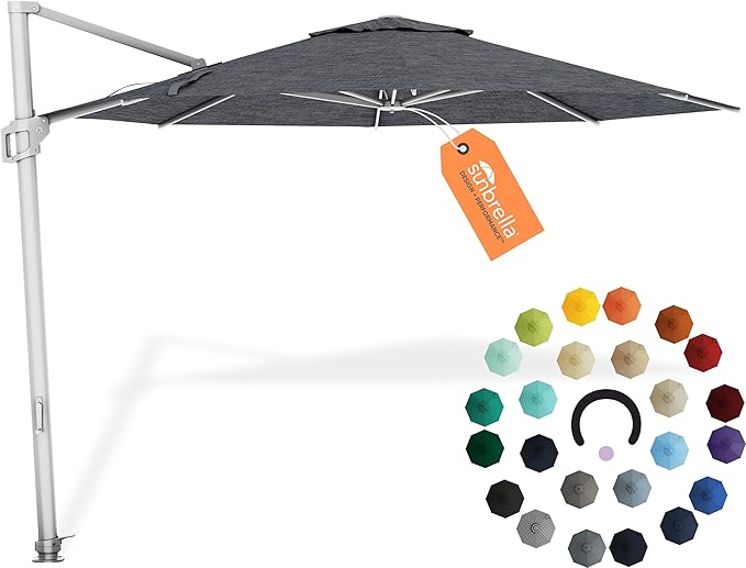 Midtown Umbrellas 10 Ft Outdoor Cantilever Patio Umbrella w/Sunbrella Cast Slate Fabric - 360° Rotate Offset Patio Umbrella, Deck Patio Umbrella, Backyard Umbrella & Garden Umbrella - Silver Frame