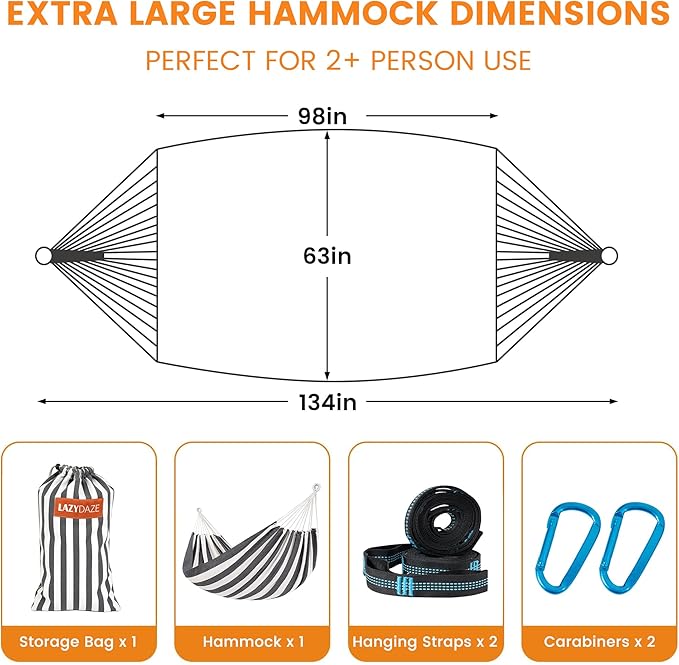 Lazy Daze Hammocks Extra Large Double Hammock, Portable Camping Hammock with Travel Bag & Tree Straps for Outdoor, Camping, Backyard, Patio, 550lbs Capacity, Black & White