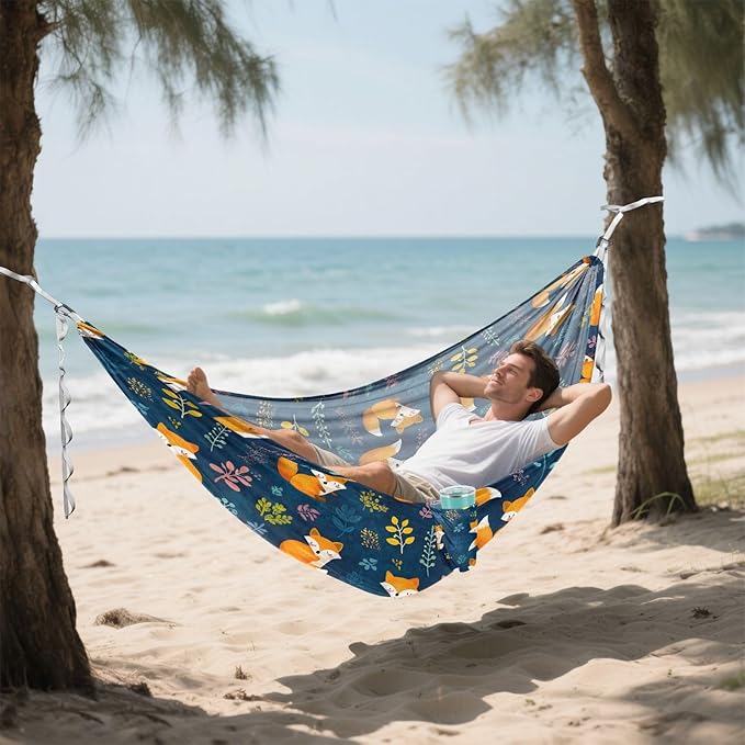 Camping Hammock Outdoor Hammocks for Outside Orange Fox Cute Beach Trees Portable Lightweight with Pockets Tree Straps Indoor